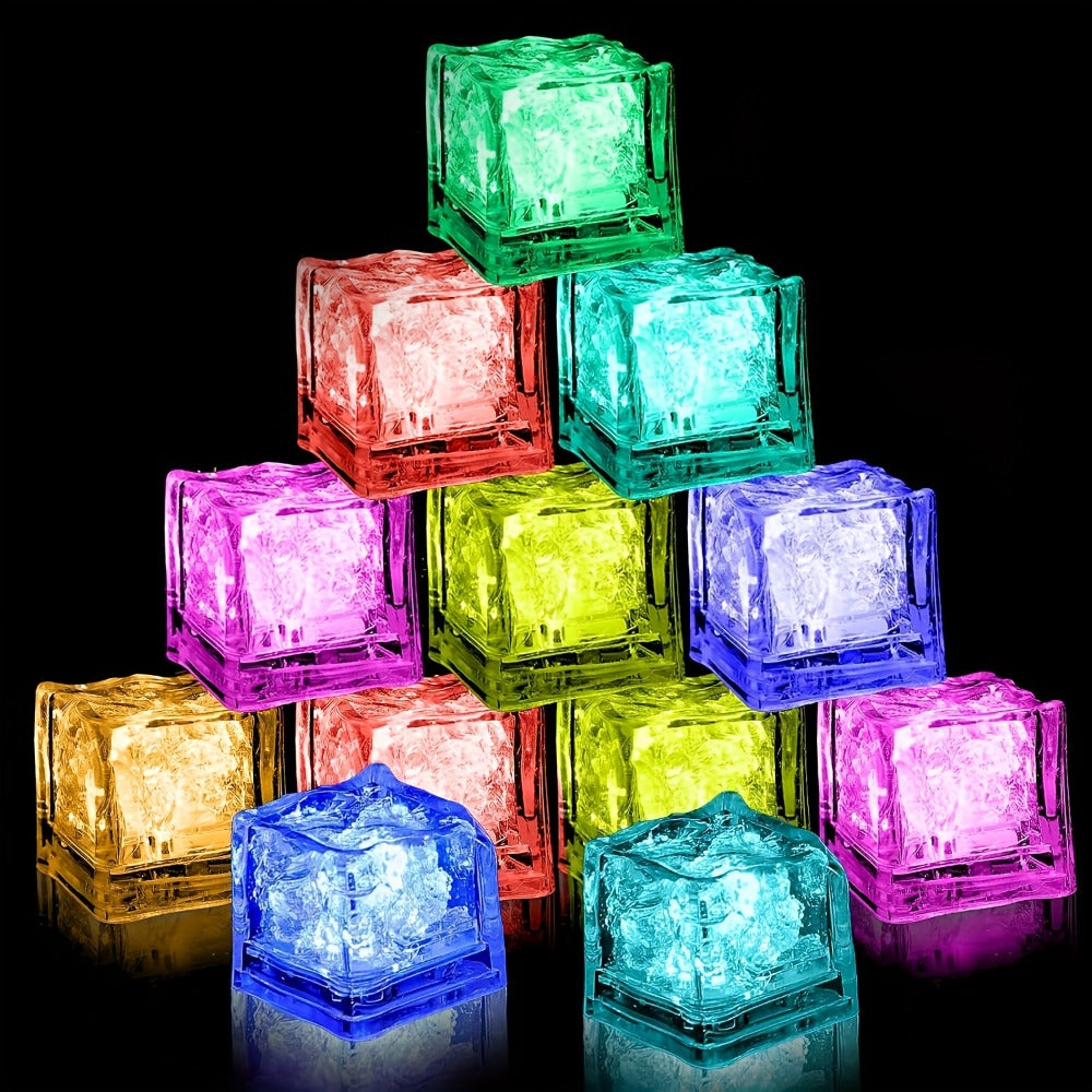 LED Ice Cube Lights Reusable Mixed Color, Flashing Sensory Light-Up Ice Cubes for Bar, Party & Wedding Decoration — Bulk Set of 24 or 48 | Eco-Friendly Promotional Event Lights
