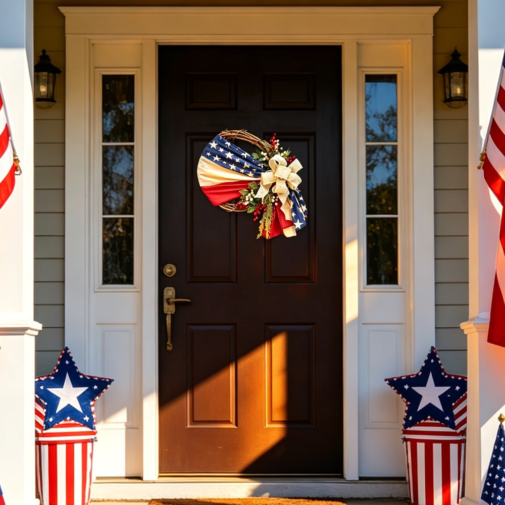 Patriotic 4th of July Door Wreath – Red White & Blue American Flag Wreath with Burlap Bow for Independence Day, Memorial Day & Patriotic Home, Porch & Office Decor