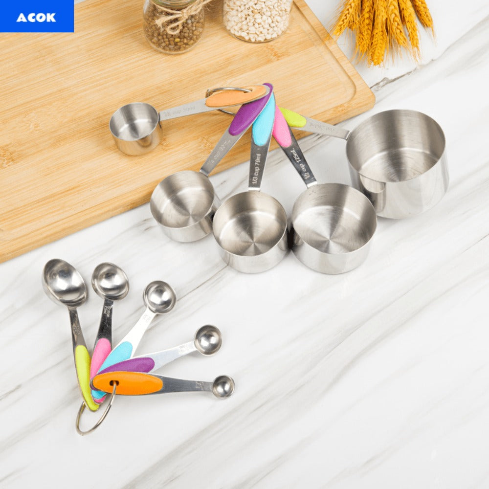 Stainless Steel Measuring Cups and Spoons Set 5pcs with Silicone Handle - Baking & Cooking Kitchen Measurement Tools