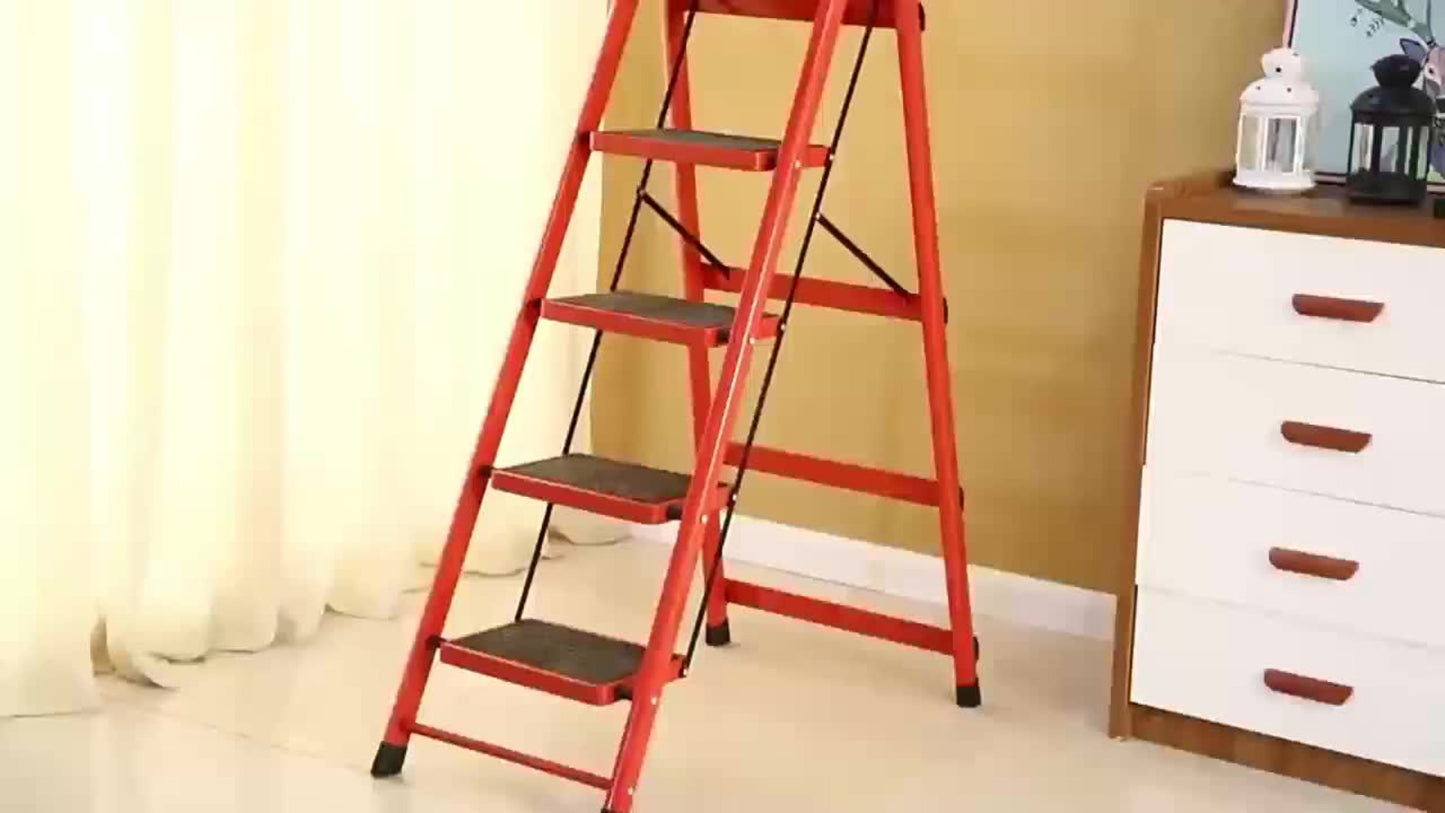 Folding Step Ladder 3 / 4 / 5 Step with Anti-Slip Pedal & Tool Tray – 450 LBS Capacity Portable Steel Step Stool for Adults, Home, Kitchen, Library & Office Use – Red & Black Options
