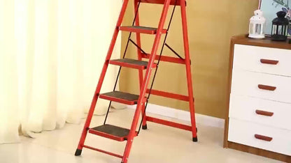 Folding Step Ladder 3 / 4 / 5 Step with Anti-Slip Pedal & Tool Tray – 450 LBS Capacity Portable Steel Step Stool for Adults, Home, Kitchen, Library & Office Use – Red & Black Options