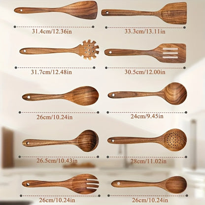 Wooden Kitchen Utensils Set – Natural Wood Spoon Spatula & Wok Spatula with Ergonomic Handle, Heat-Resistant Non-Stick Safe Cooking Tools, Easy to Clean Durable Kitchen Essentials (5 / 6 / 10 Piece Sets)