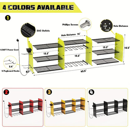 Power Tool Organizer Wall Mount with Charging Station | 3-Layer Cordless Drill Holder Storage Rack 45.5 Inch Heavy Duty – Adjustable Garage Tool Shelf for Workshop & Tool Room