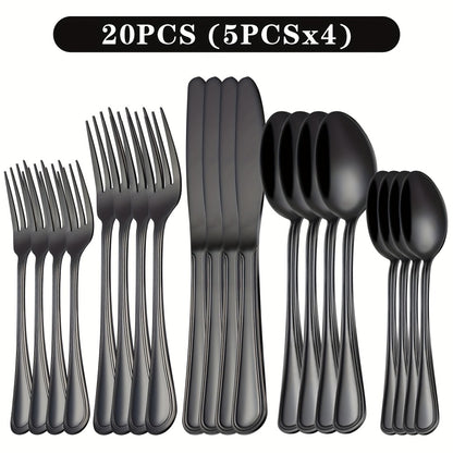 Stainless Steel Flatware Cutlery Set – Mirror Polished, Dishwasher Safe, Silver & Black Options, Service for 4 / 8 / 12 – Kitchen Utensil Set for Home, Restaurant & Wedding Gift