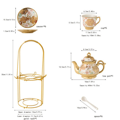 European Floral Ceramic Tea Set 20 Pcs – Italian Style Afternoon Tea Set with Metal Stand – Blooming Pattern Teapot & Cups – Elegant Gift for Tea Lovers & Special Occasions – Golden