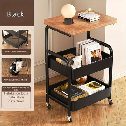 Storage Trolley with Wheels 3-Tier Wooden Tabletop Rolling Cart - Reinforced Black Metal Frame, Locking Casters, Multi-Use Organizer for Kitchen, Office, Bedroom & Living Room, Easy Assembly Printer Stand