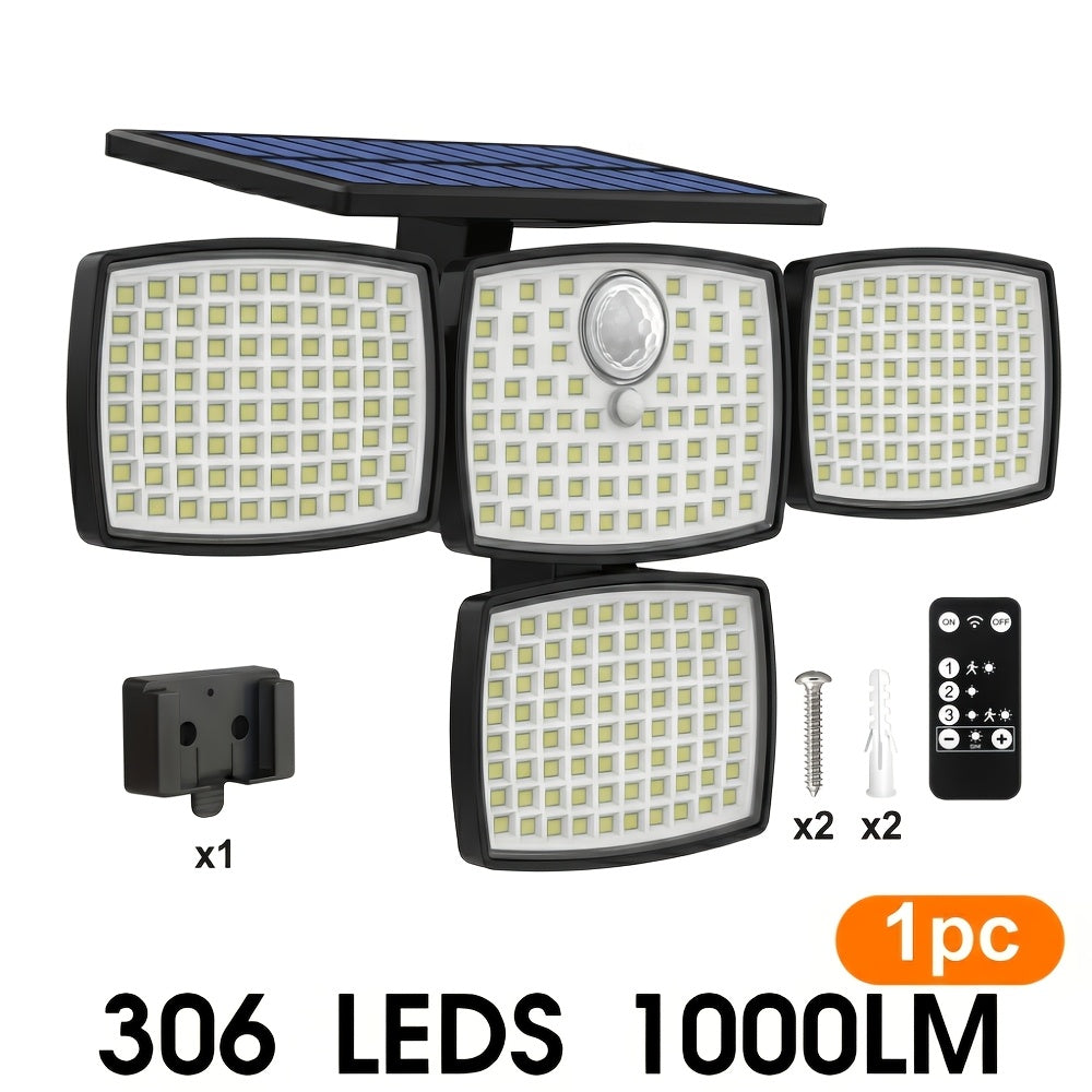 Solar Outdoor Motion Sensor Light 4-Head 3000LM – 270° Wide Angle, 3 Modes, IP65 Waterproof, Remote Control, Solar Flood Light for Garden Backyard Garage Wall Yard, 1/2/4 Pack