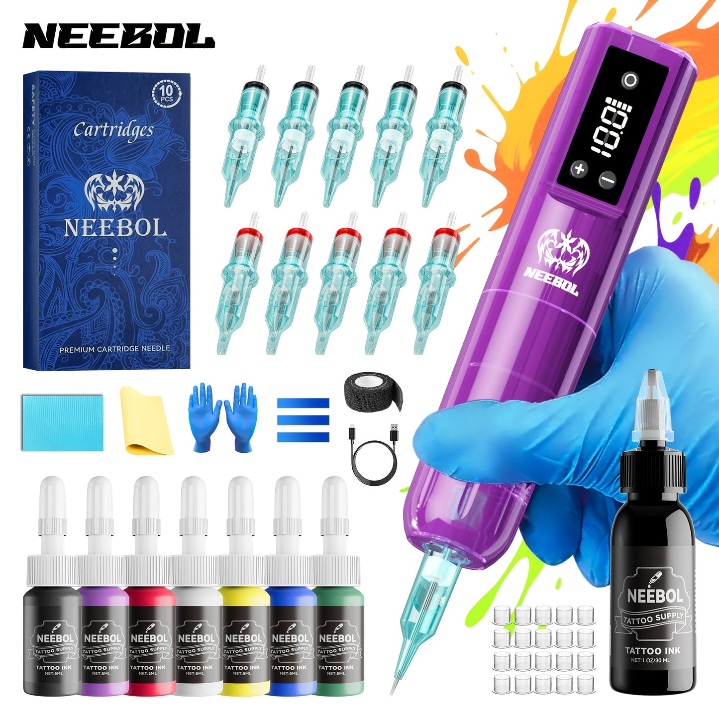 Wireless Tattoo Gun Kit – Neebol Cordless Rotary Tattoo Machine with 2000mAh Battery, 10 Cartridge Needles, 7 Inks, Green Soap & Tattoo Supplies – Portable Beginner & Artist Set