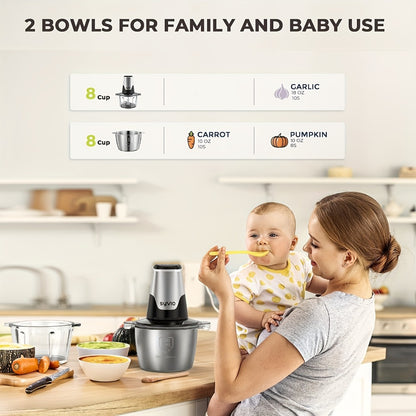 Mini Food Processor 450W – Electric Food Chopper with 2 Bowls & 4 Bi-Level Blades for Meat, Baby Food, Onion & Vegetables, 2-Speed