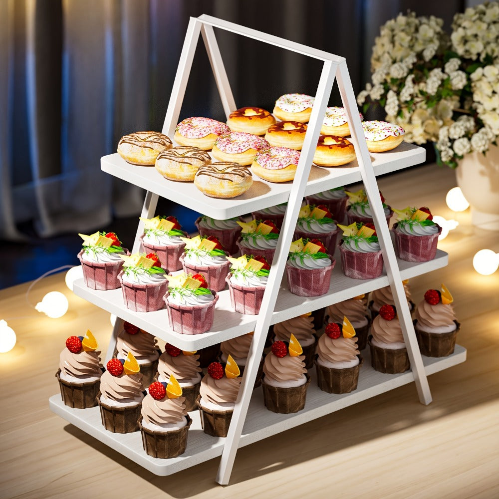 3-Tier Wooden Cupcake Stand – Holds 50 Cupcakes, Dessert Display Rack for Wedding, Birthday Party & Halloween, Rustic Wood Cake Stand in Black, White & Brown