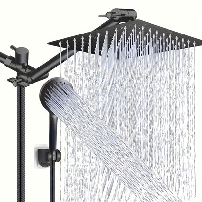 High Pressure Shower Head Combo with Handheld Shower Wall Mounted 9 Spray Settings Rainfall Shower System Adjustable Angle Leakproof with Hose for Modern Bathroom Chrome Matte Black