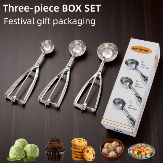 Ice Cream Scoop Set 3pcs Stainless Steel Cookie Scoop Trigger Release Fruit Scoop Watermelon Baller Dough Scoop for DIY Desserts Baking Ice Cream Shops