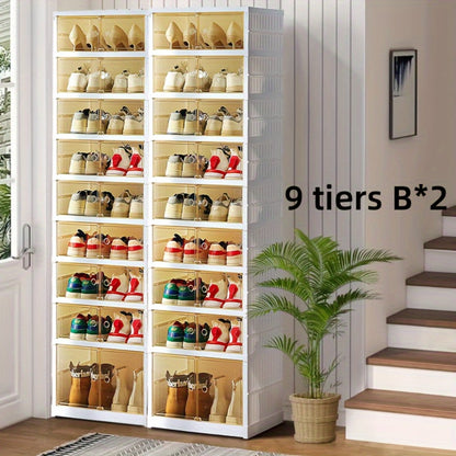 Shoe Rack Organizer 9-Tier, Collapsible Clear Plastic Foldable Stackable Shoe Cabinet with Shelves & Doors — No Assembly, Space-Saving Narrow Storage for Hallway, Apartment & Small Spaces