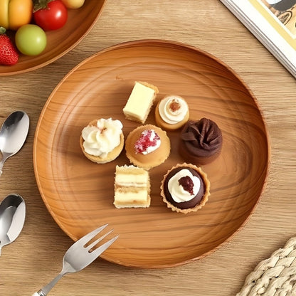 10pcs Wood Grain Dinner Plates Set - Round Striped Plastic Serving Trays for Home Kitchen Dessert Shop Restaurant | Fruit Tray Tea Tray Cake Plate Snack Dish