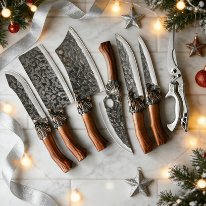 Kitchen Knife Set 7 Piece Professional Stainless Steel - Ultra Sharp Chef Knives with Boning, Slicing, Carving, Fish, Butcher Knife & Scissors for Meat