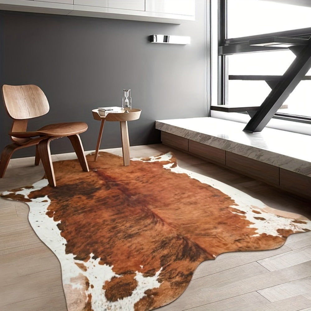 Faux Cowhide Rug Brown Western Style Area Carpet | Non-Slip Suede Backing | 5.2×4.6 & 6.2×5.2 Ft | Living Room Bedroom Office