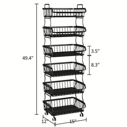 6-Tier Stackable Metal Wire Storage Basket Organizer with Wheels - Rolling Kitchen Pantry Rack for Fruits Vegetables Utensils, Space-Saving Open Shelf