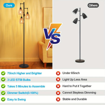 Boho Rattan Floor Lamp Dimmable – 3-Light Stepless Dimming Standing Lamp with Natural Rattan Shade & Metal Base for Living Room, Bedroom, Dining Room – Warm Bohemian Home Lighting