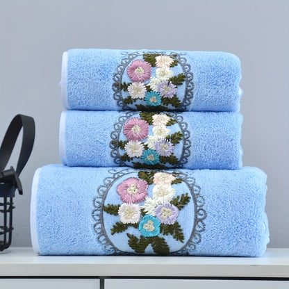 Embroidered Flower Towel Set 3-Piece Soft Absorbent Skin-Friendly Bath Towel and Face Towels for Bathroom Home Bathing Beach