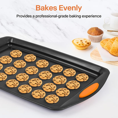 Nonstick Baking Sheet Set with Silicone Handles, Carbon Steel Cookie Sheet Pan Set in Assorted Sizes, Stackable Bakeware for Baking Roasting, Heavy Duty Oven Pans with Orange Handles, 2-Piece or 6-Piece