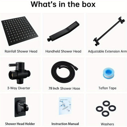High Pressure Rainfall Shower Head Handheld Combo 4-Spray Modes 10 12 Inch Adjustable Extension Arm 78-Inch Hose Adhesive Holder Wall Mount Chrome Black Bathroom
