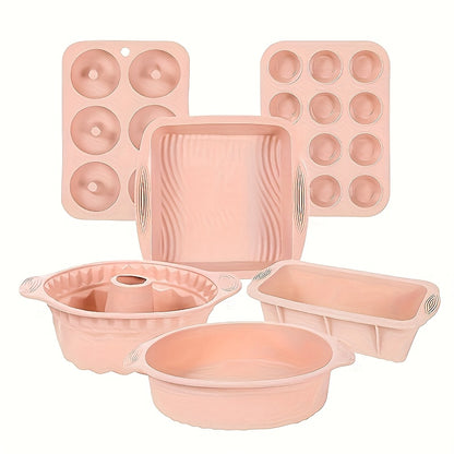 Silicone Baking Pan Set 6-Piece, Nonstick Silicone Cake Molds, Muffin Pan & Donut Baking Pan, Flexible Easy Release Bakeware for Oven Use, Holiday Baking Molds in Pink Gray Blue