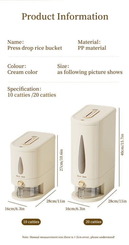 Rice Dispenser Storage Container Press Type Measuring Cup Moisture-Proof Sealed Grain Bin - Large Capacity Airtight Rice Storage Box for Rice Coffee Beans Flour Legumes Pet Food Kitchen Pantry Organizer