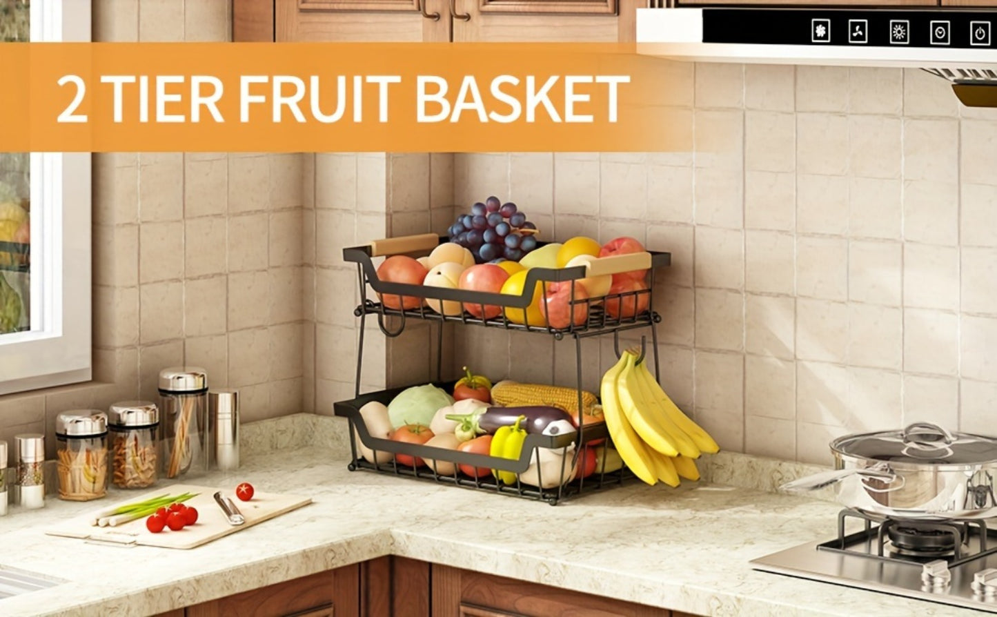 Fruit Basket with Banana Hanger, 2-3 Tier Metal Countertop Organizer with Wooden Handle — Detachable Kitchen Storage Stand for Fruits, Vegetables & Bread | Large Capacity | Black