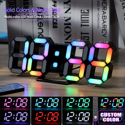 Digital Wall Clock RGB Neon LED 9.7" Large Display – Aesthetic Alarm Clock with Remote Control, Adjustable Brightness, Date & Temperature Display for Bedroom, Living Room, Office & Gym