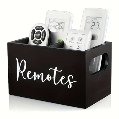 Remote Control Holder Wood Desk Organizer Multi-Compartment Storage Box for Remotes Office Supplies Minimalist Black Desktop Organizer for Living Room Bedroom Coffee Table