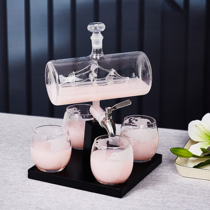 Whiskey Decanter Set with Glasses and Wooden Stand Ball Globe 28oz or Sailboat 44oz Etched Crystal Glass Cups for Whiskey Bourbon Scotch Birthday Wedding Anniversary Gift
