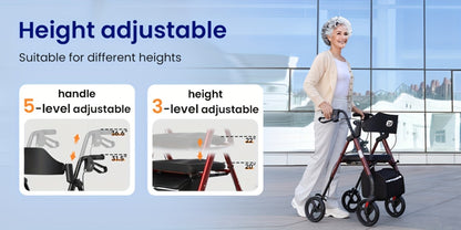 Rollator Walker for Seniors Foldable with 8-Inch Big Wheels, Durable Aluminum All-Terrain Rolling Walker with Ergonomic Backrest & Dual Adjustable Height, Upright Walker Option Available for Elderly