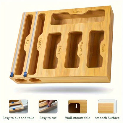 Bamboo Kitchen Organizer 6-in-1 - Aluminum Foil Plastic Wrap Dispenser with Cutter Ziplock Bag Organizer for Kitchen Drawer Gallon Quart Sandwich Snack Bags Storage