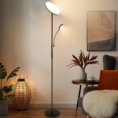 LED Floor Lamp with Reading Light – 27W 2300LM Dimmable Torchiere Standing Lamp, 4 Color Temperatures, Remote & Touch Control, Metal Base for Living Room Bedroom Home Office (Black/White)