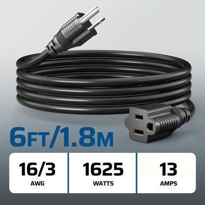 Extension Cord 3-Pack 6ft Heavy Duty 16/3 SJTW Indoor Outdoor Cable 13A 125V 1625W Rated Moisture Resistant Flexible Black for Home Office Garden