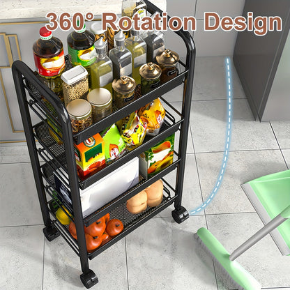 Rolling Storage Cart on Wheels – 3/4/5 Tier Carbon Steel Wire Basket Trolley, Black Metal Utility Cart for Kitchen, Bathroom, Bedroom, Office & Living Room, Space-Saving Detachable Shelving Unit