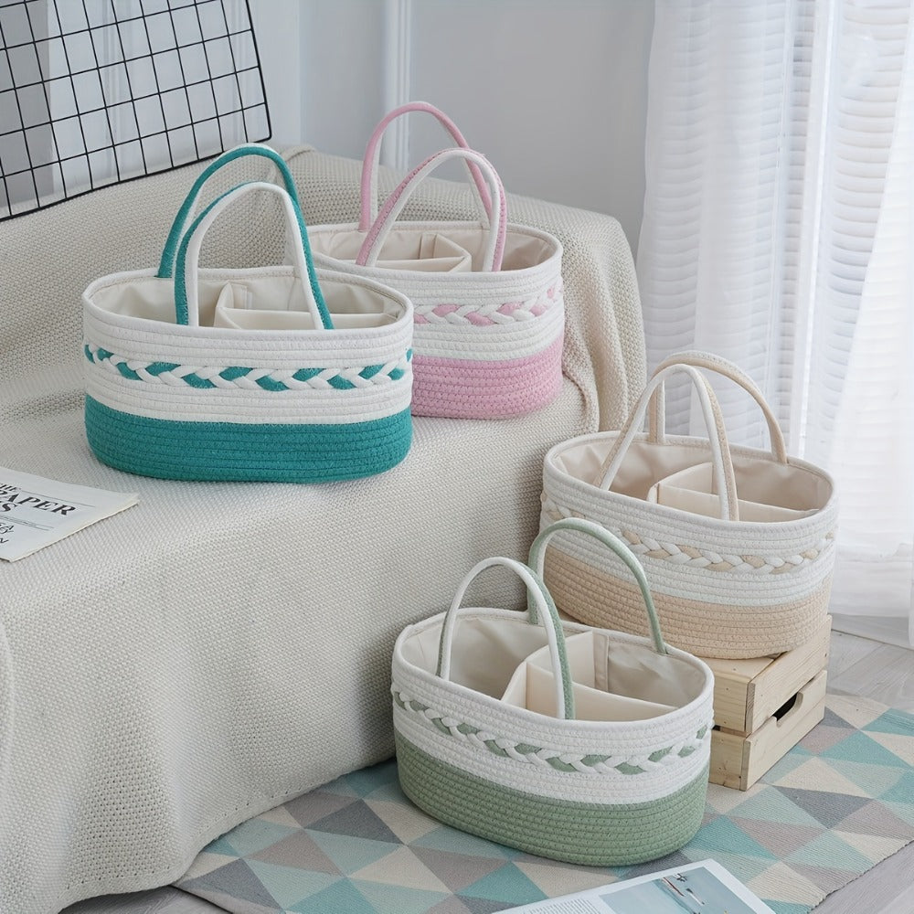 Boho Rope Storage Basket Woven Foldable Organizer 14" Large Capacity - Removable Lining Striped Shelf Basket with Handle for Home Bedroom Living Room Laundry Decor