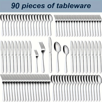 Stainless Steel Silverware Set 60 or 90 Piece with Gift Box – Service for 12 or 18, Includes Steak Knives, Salad Forks & Dessert Spoons, Dishwasher Safe Cutlery for Home, Wedding & Outdoor