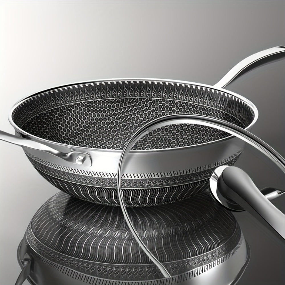 Stainless Steel Wok Set 13.3 Inch Non-stick Honeycomb Design with Lid & 2 Cookware Accessories – Induction Compatible Cooking Pan for Electric Ceramic Gas Stove, Dishwasher Safe