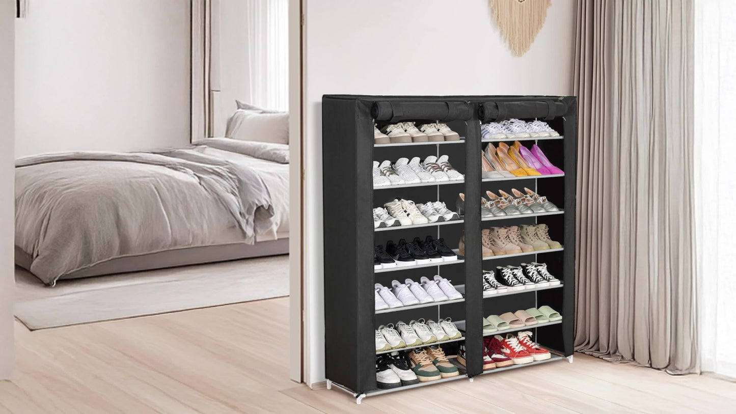 Shoe Rack Organizer 9 Tier Double Row Large Capacity Holds 42 Pairs Nonwoven Fabric Dust Cover Portable Shoe Cabinet Space Saving Easy Assembly for Home Bedroom Closet Dormitory Black