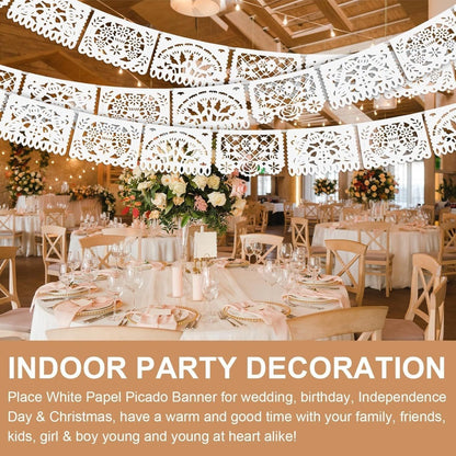 Papel Picado Banners 5 Pack White – Mexican Fiesta Party Decorations, Day of the Dead Decor, Cinco de Mayo Banner, Wedding Fiesta Supplies, 4 Designs 90 Feet Plastic Flags