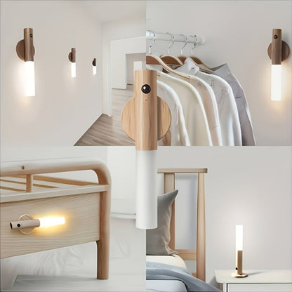 Motion Night Light Rechargeable LED – IPX4 Waterproof Wood Grain & Walnut Under Cabinet Step Lamp for Staircase, Hallway, Wardrobe, Closet & Indoor Walls (2 or 4 Pack)