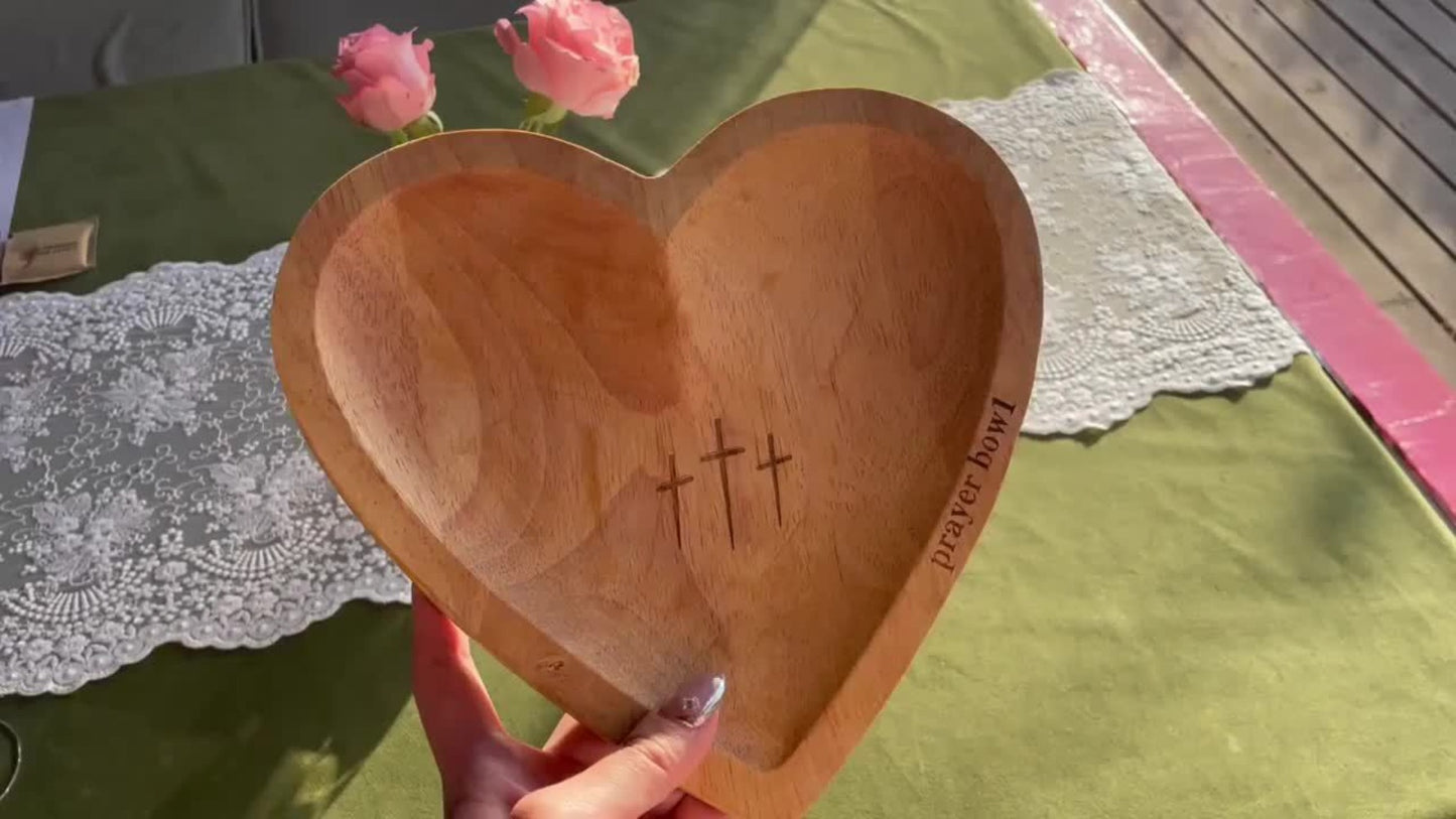 Wooden Prayer Bowl with 24 Prayer Cards – Hand-Carved Heart Shaped Cross Engraved Vintage Religious Gift Set for Easter, Christmas, Thanksgiving, Home Altar & Prayer Room Tabletop Decor