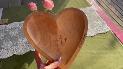 Wooden Prayer Bowl with 24 Prayer Cards – Hand-Carved Heart Shaped Cross Engraved Vintage Religious Gift Set for Easter, Christmas, Thanksgiving, Home Altar & Prayer Room Tabletop Decor