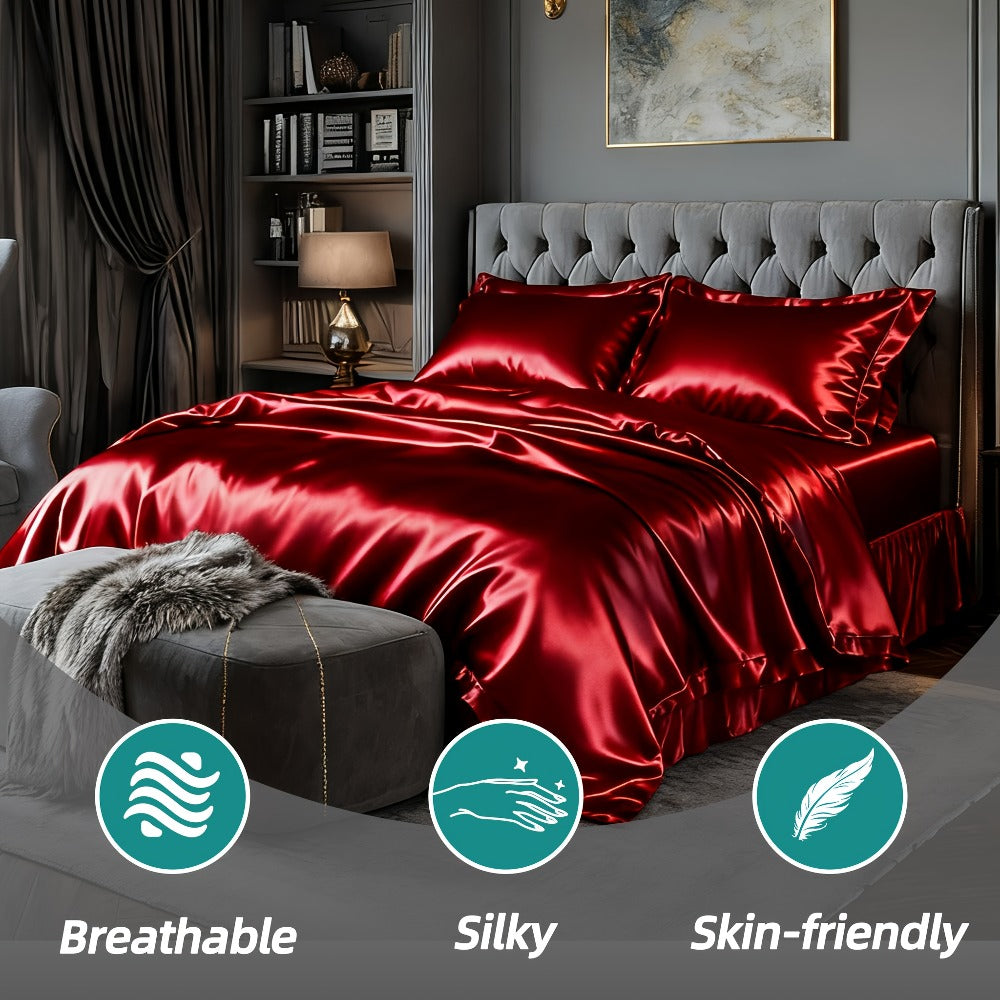 Satin Fitted Sheet Set with Pillowcases – Cooling Smooth Breathable Wrinkle-Resistant Bed Sheets, Machine Washable Ultra Soft for Hot Sleepers, Twin Full Queen King, Multiple Colors