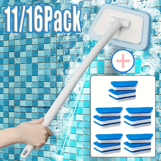 Shower Cleaning Brush Set with Replaceable Heads - Bathtub Scrubber, Wall Tile Brush, Floor Brush, Window Glass Cleaner, Detachable Long Handle Bathroom Cleaning Kit, 11pc or 16pc Options