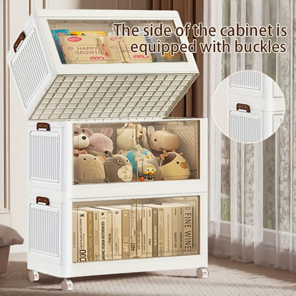 Stackable Storage Cabinet with Doors and Wheels | Collapsible Plastic Locker 1-5 Layers Large Capacity Home Organization for Bedroom Living Room Kitchen Easy Assembly Space Saving