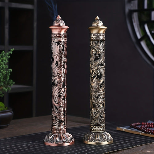 Incense Stick Holder Metal Retro Vertical Design, Dragon & Phoenix Heart Sutra Motif Brass Incense Burner Stand, Home Office Altar Meditation Ceremony Decoration Gift