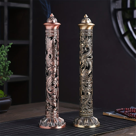 Incense Stick Holder Metal Retro Vertical Design, Dragon & Phoenix Heart Sutra Motif Brass Incense Burner Stand, Home Office Altar Meditation Ceremony Decoration Gift