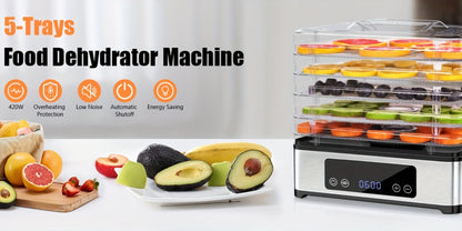 Food Dehydrator Machine 5 Stainless Steel Trays 420W with 48-Hour Timer Temperature Control 95-160°F 360° Airflow BPA-Free Dehydrator for Jerky Herbs Meat Fruit Mushrooms with Recipe Book